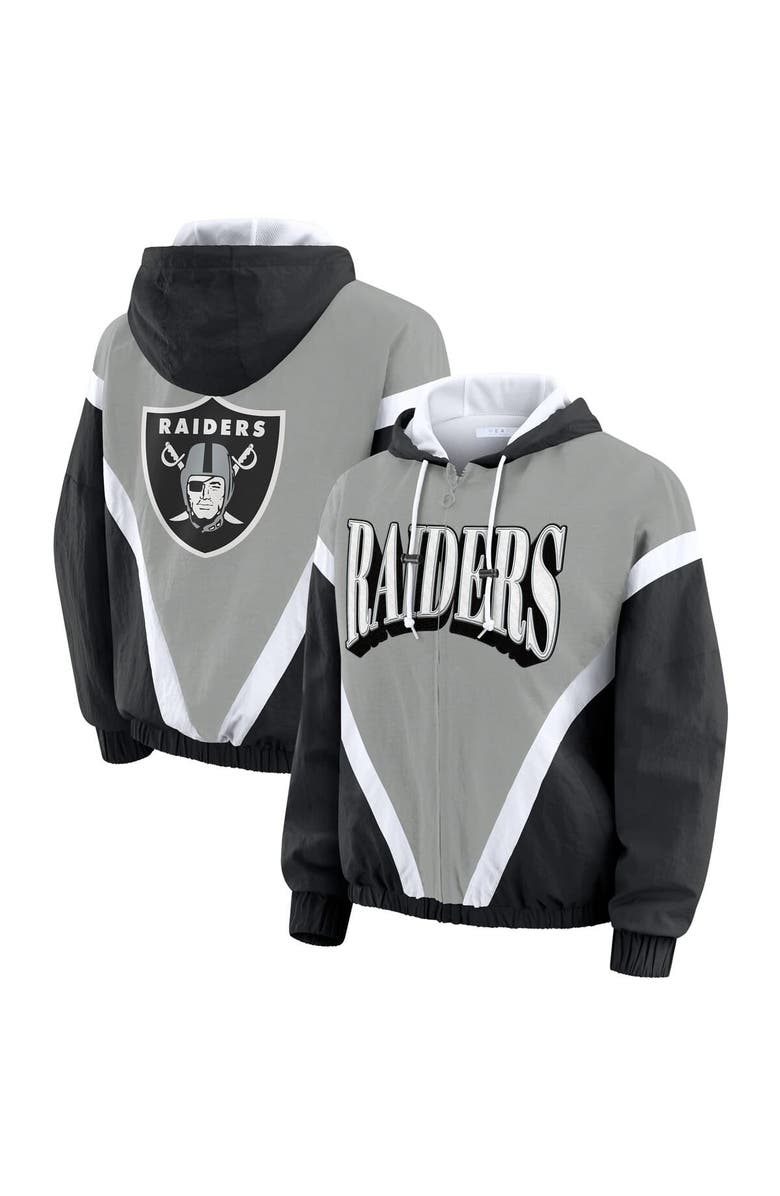 WEAR by Erin Andrews Women's WEAR by Erin Andrews Black/Silver Las Vegas Raiders Retro Crinkle Full-Zip Hoodie Windbreaker, Main, color, Black
