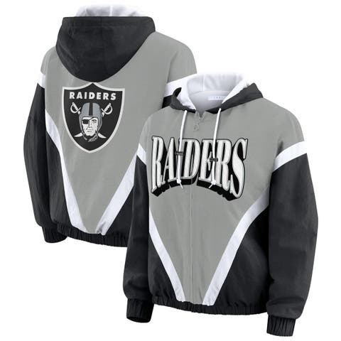 Women's WEAR by Erin Andrews Black/Silver Las Vegas Raiders Retro Crinkle Full-Zip Hoodie Windbreaker