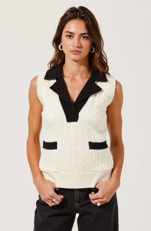 Modenaire Sleeveless Cable Knit Vest With Contrast Collar And Pocket Accents