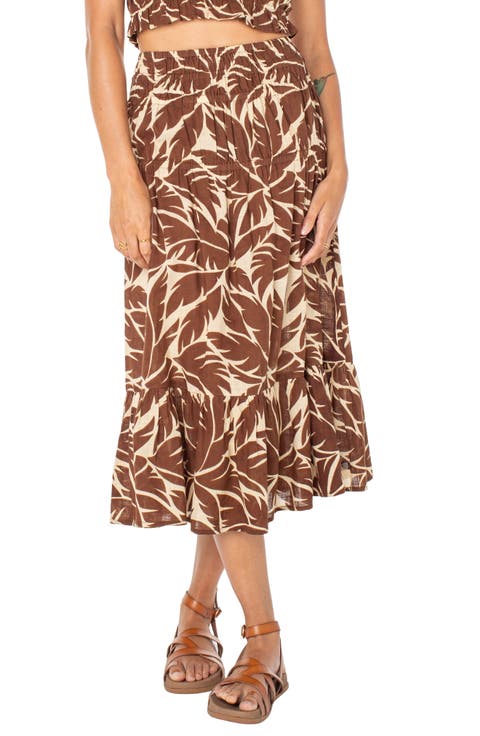 Malia Palm Print Tiered Cotton Midi Skirt