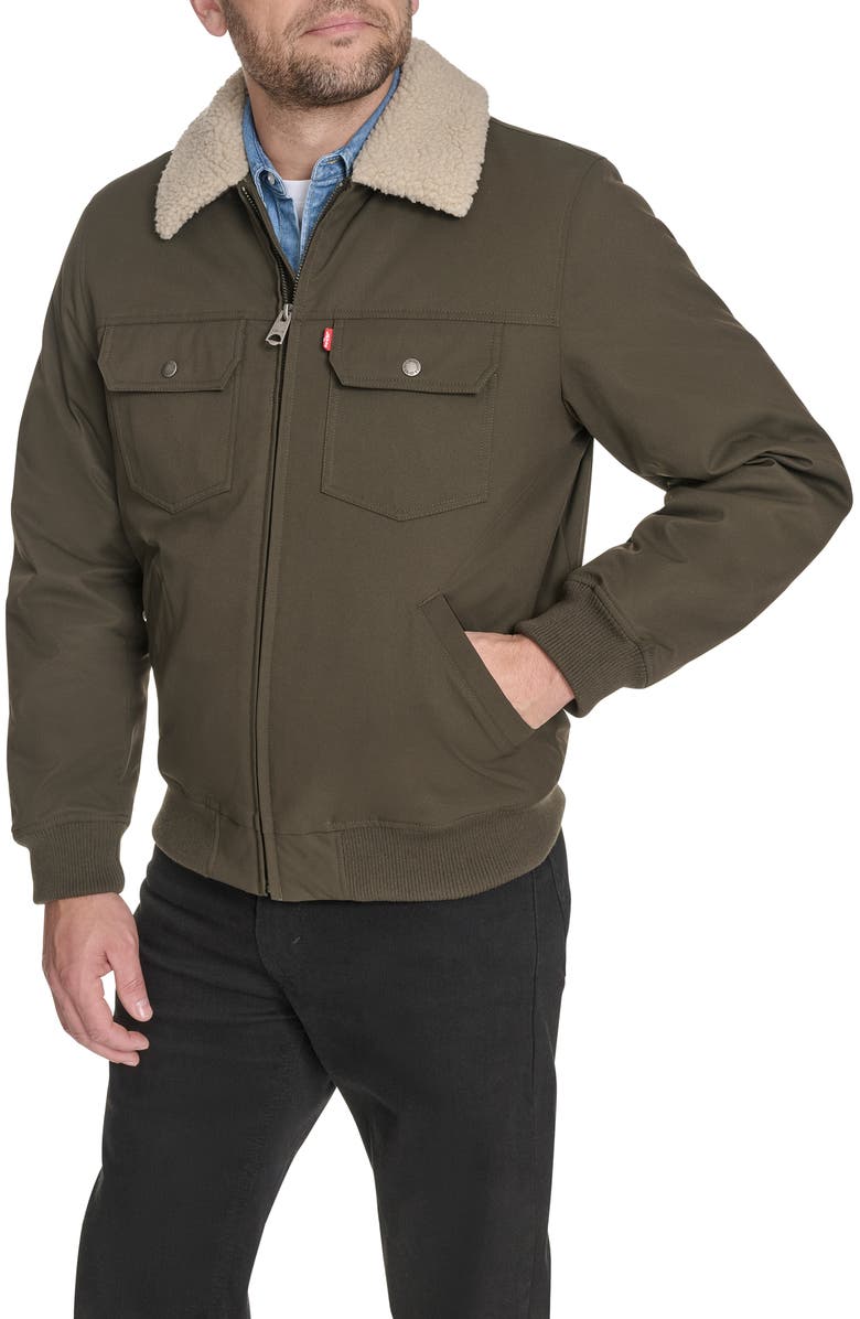 Levi's Water Resistant Faux Shearling Collar Canvas Bomber Jacket, Main, color, Olive