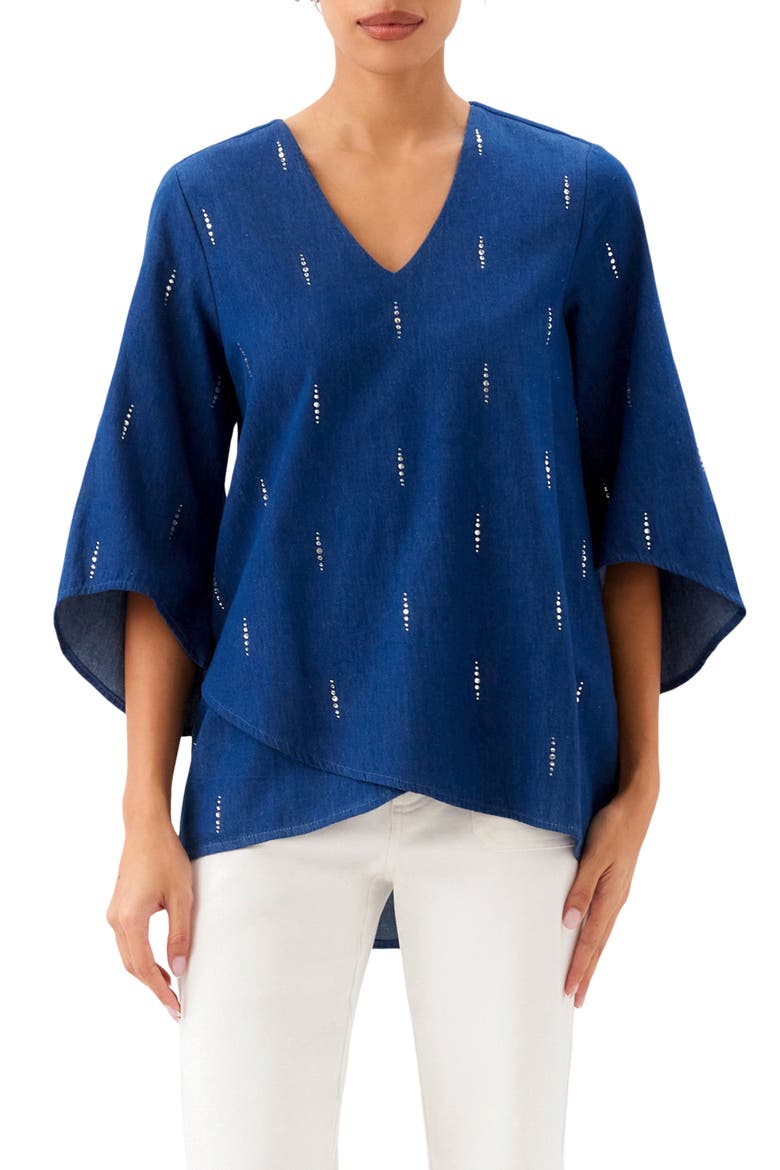 Embellished Asymmetric Hem Chambray Top, Main, color, DENIM