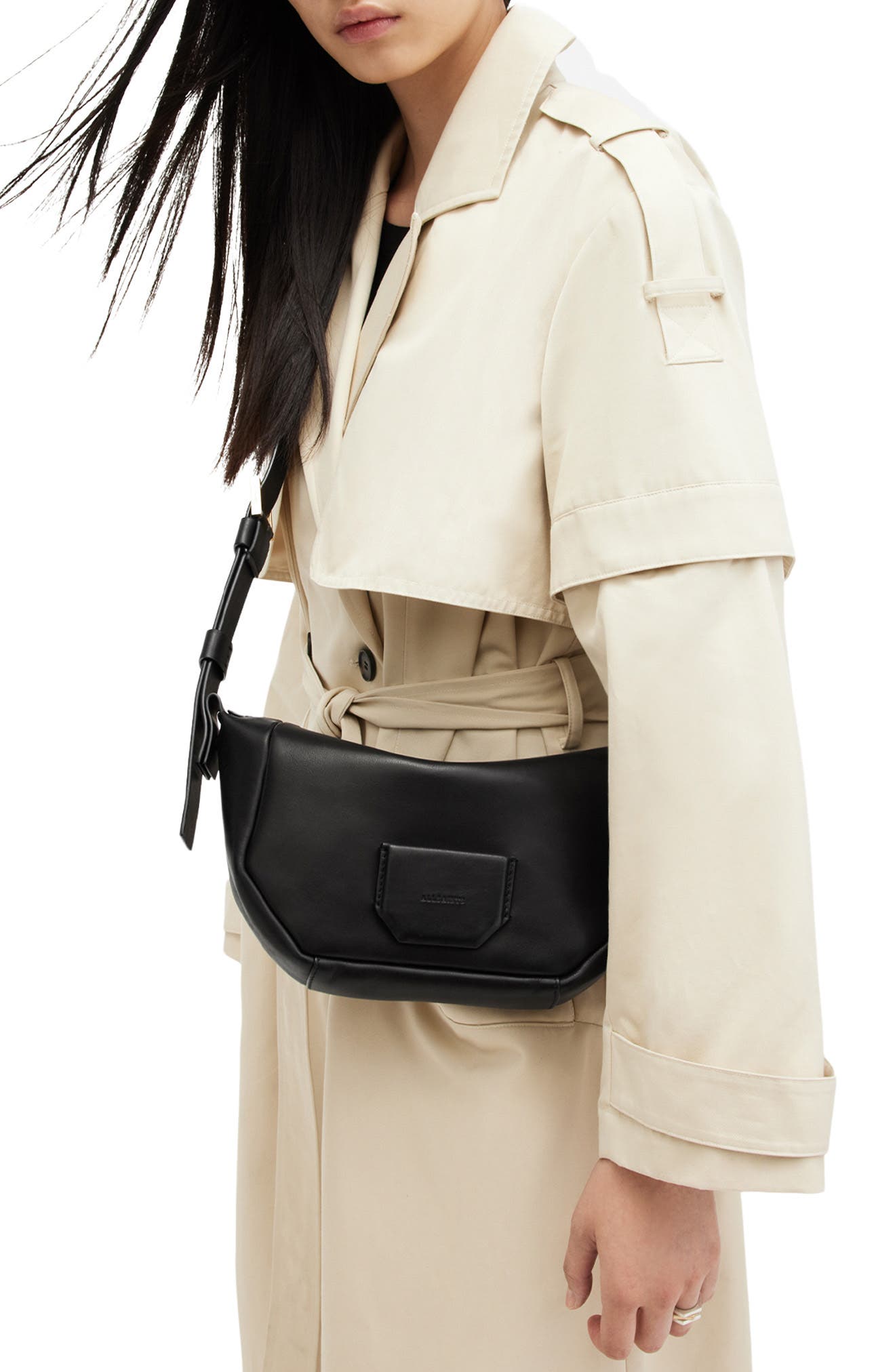 AllSaints Madea Leather Crossbody Bag, Alternate, color, Black