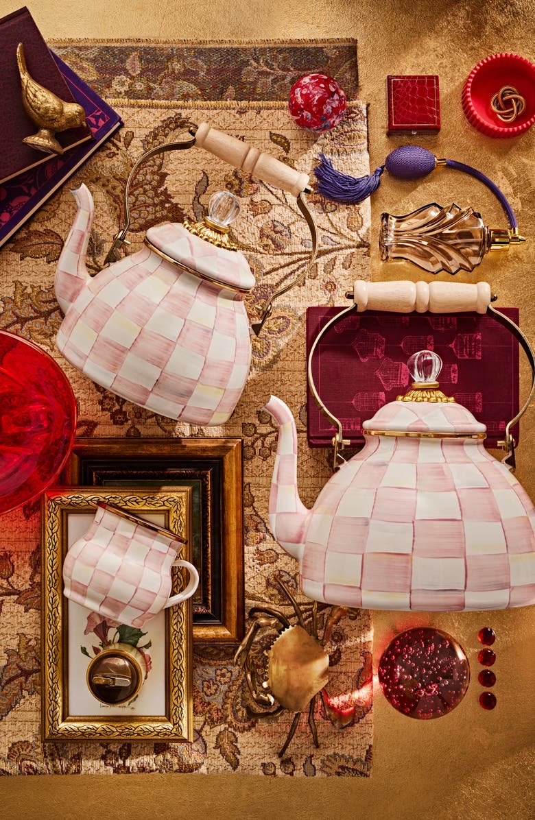 MACKENZIE CHILDS Rosy Check Enameled Steel 3-Quart Tea Kettle, Alternate, color, Pink/ White