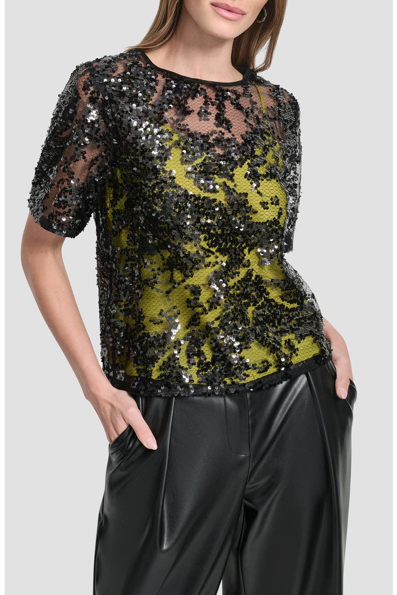 Sequin Overlay Boxy Top, Main, color, BLACK/ CITRONELLA