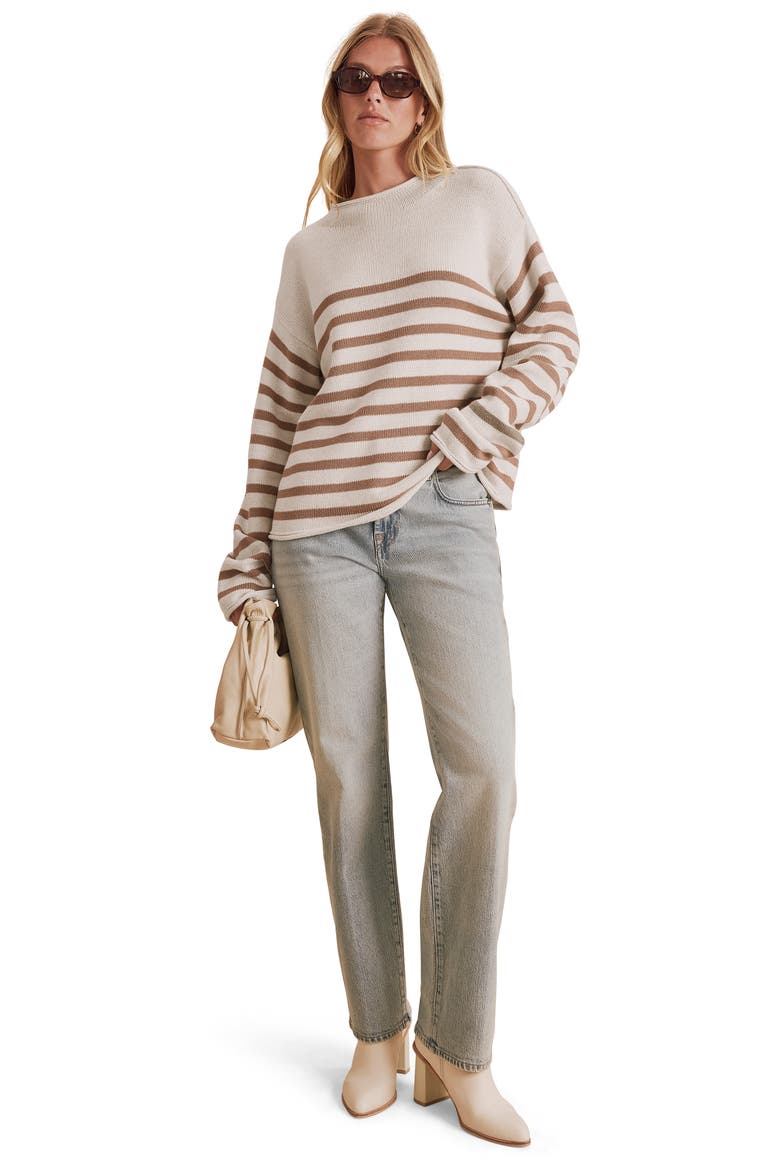 Elsie Stripe Cotton Blend Roll Edge Sweater, Alternate, color, PALE OAK HEATHER/ TAUPE