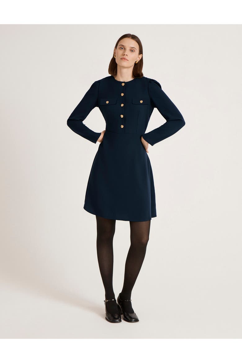 Evie Long Sleeve Crepe Short Dress, Alternate, color, Navy