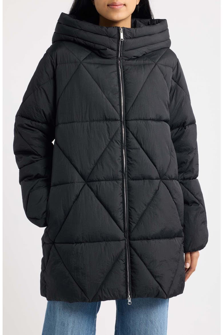 Diamond Quilted Hooded Puffer Coat, Main, color, BLACK