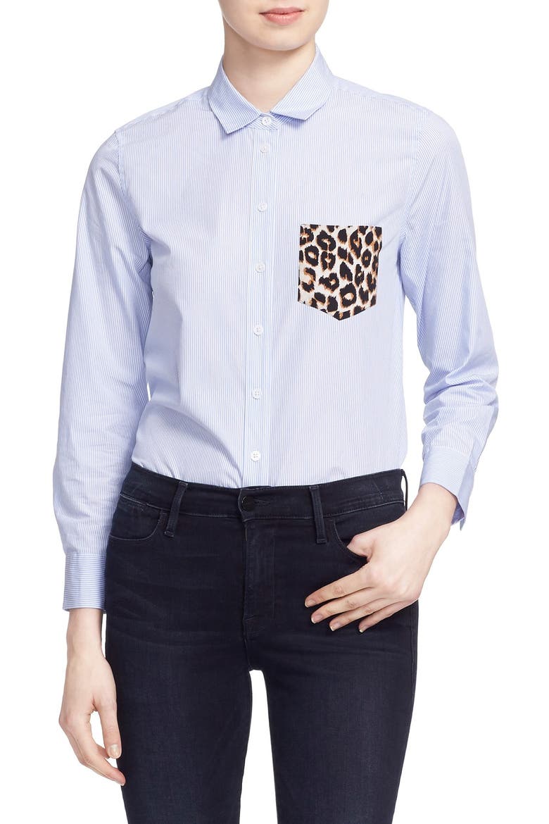 'Leema' Pocket Detail Stripe Cotton Shirt, Main, color, BLUE