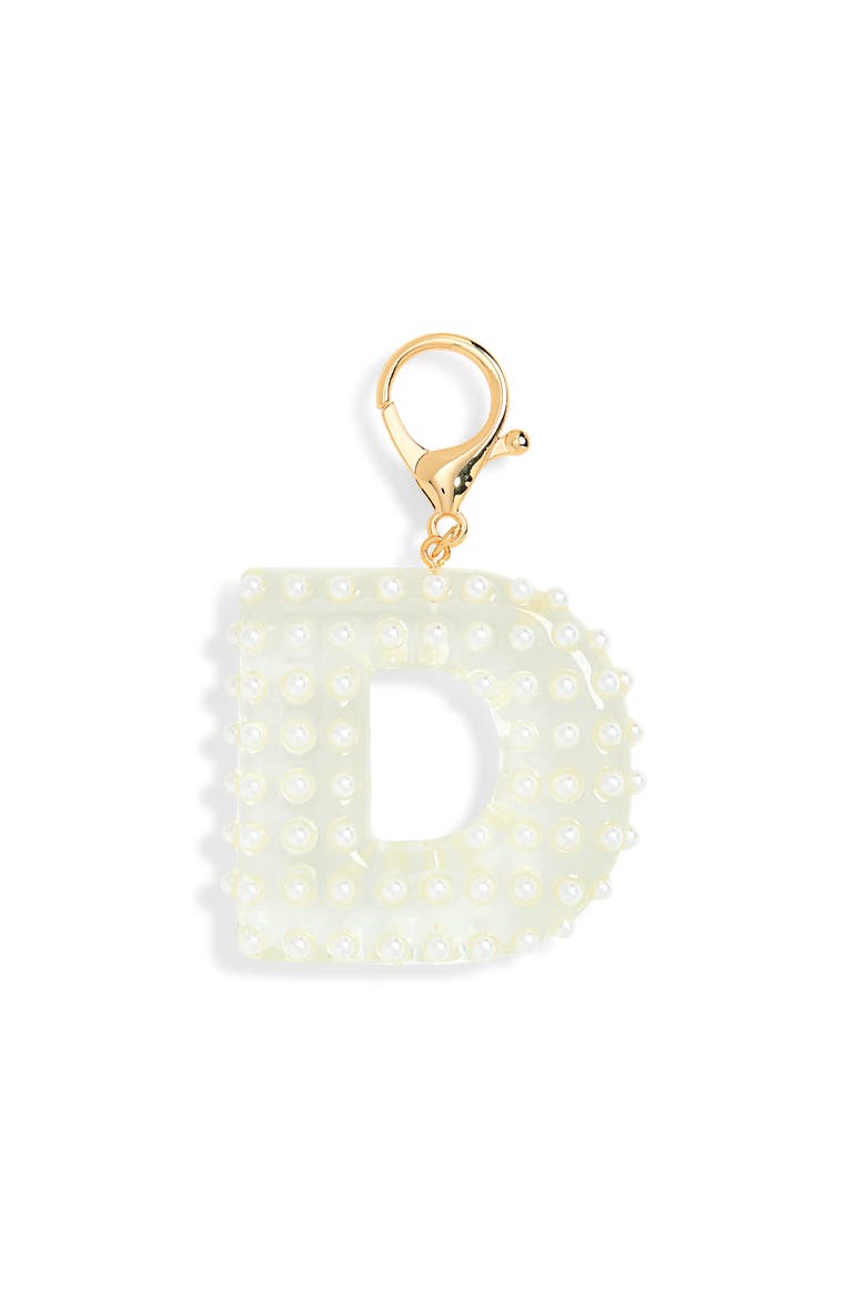Faux Pearl Initial Bag Charm, Main, color, D- CLEAR- WHITE- GOLD