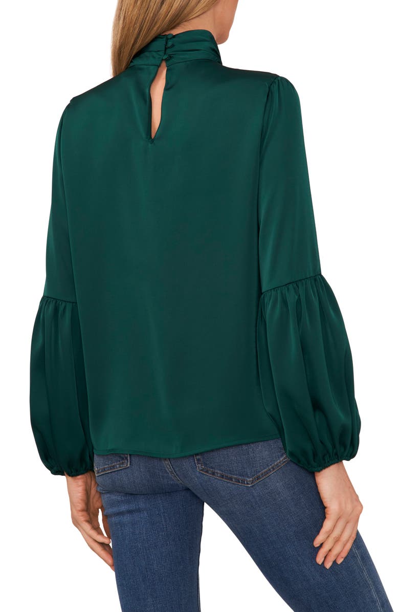 CeCe Mock Neck Blouson Sleeve Satin Top, Alternate, color, Dark Forest