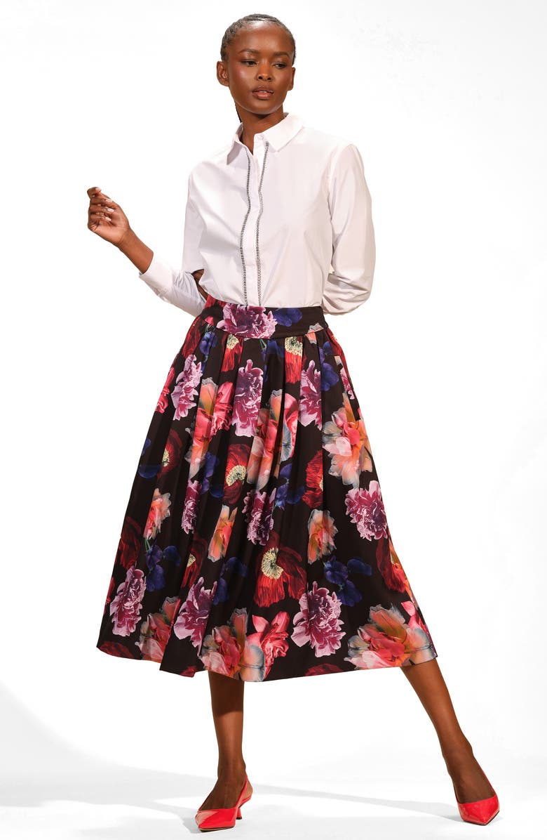 Isaac Mizrahi New York Pleated Satin Midi Skirt, Alternate, color, Fleur Nocturne