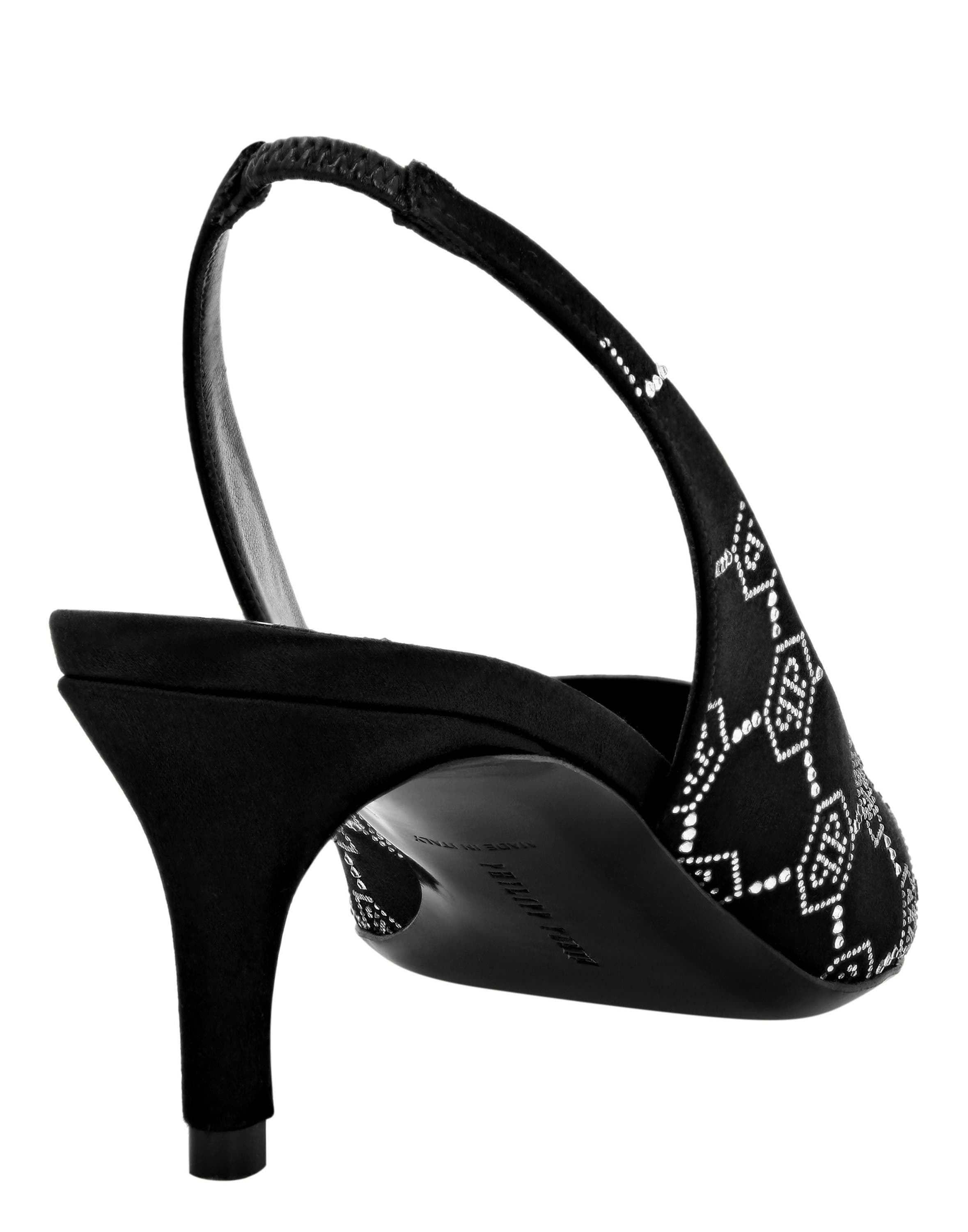 Satin Slingback Low Heels Strass Monogram Women, Alternate, color, black/crystal