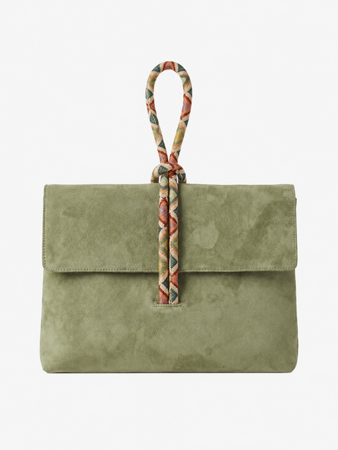 Marissa Suede Leather Top Handle Handbag with Suzani Knot Handle