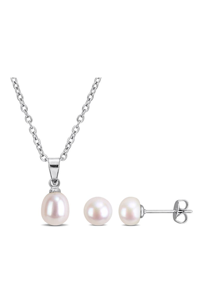 6-7.5mm Cultured Freshwater Pearl Pendant Necklace & Earrings Set, Main, color, METALLIC SILVER