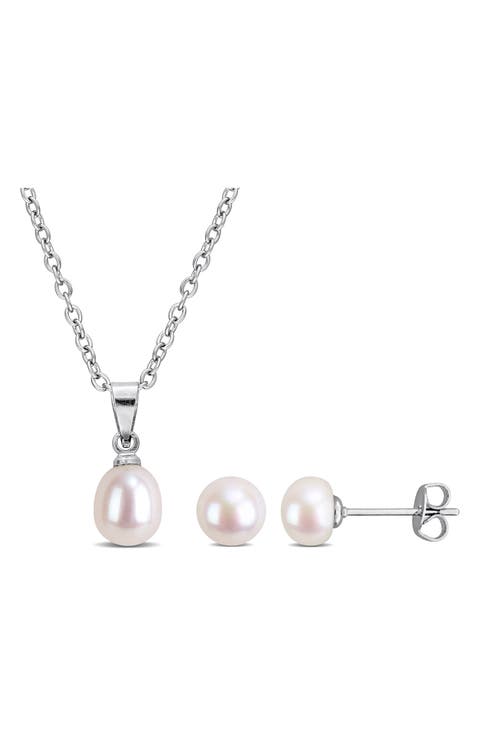 6-7.5mm Cultured Freshwater Pearl Pendant Necklace & Earrings Set