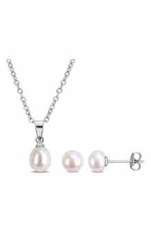 DELMAR 6-7.5mm Cultured Freshwater Pearl Pendant Necklace & Earrings Set