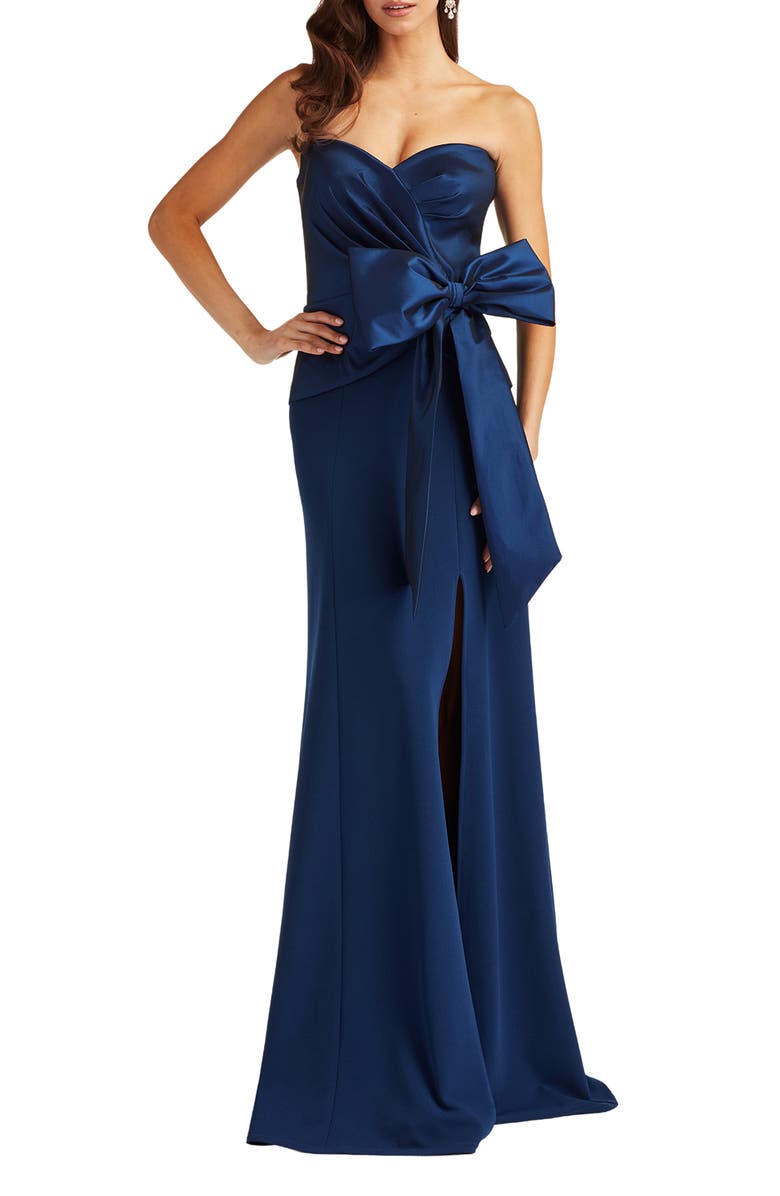 Tadashi Shoji Strapless Stretch Crepe Gown, Main, color, Navy