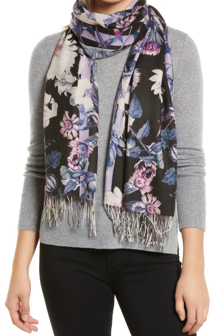 Tissue Print Wool & Cashmere Wrap Scarf, Main, color, BLACK AUTUMN BOTANICALS