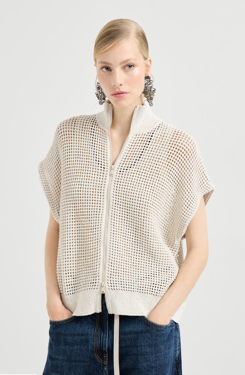 Brunello Cucinelli Cotton net cardigan, Main, color, Oat