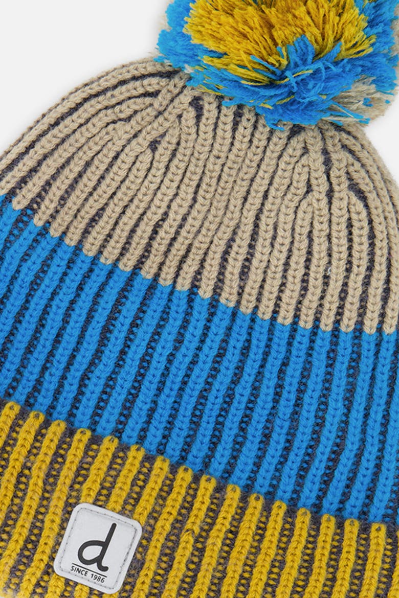 Winter Stripe Ribbed Cuff Knit Hat with Pompom, Alternate, color, Blue and Yellow Knit