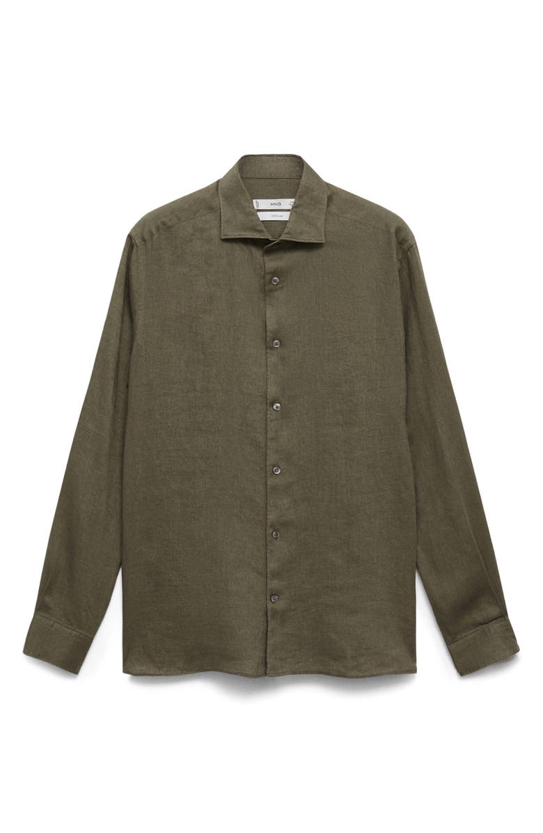 MANGO Slim Fit Linen Button-Up Shirt, Alternate, color, Khaki Green