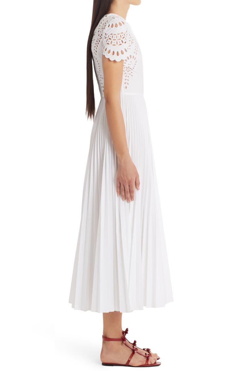 Valentino Garavani Valentino Broderie Anglaise Pleated Cotton Blend Midi Dress, Alternate, color, 