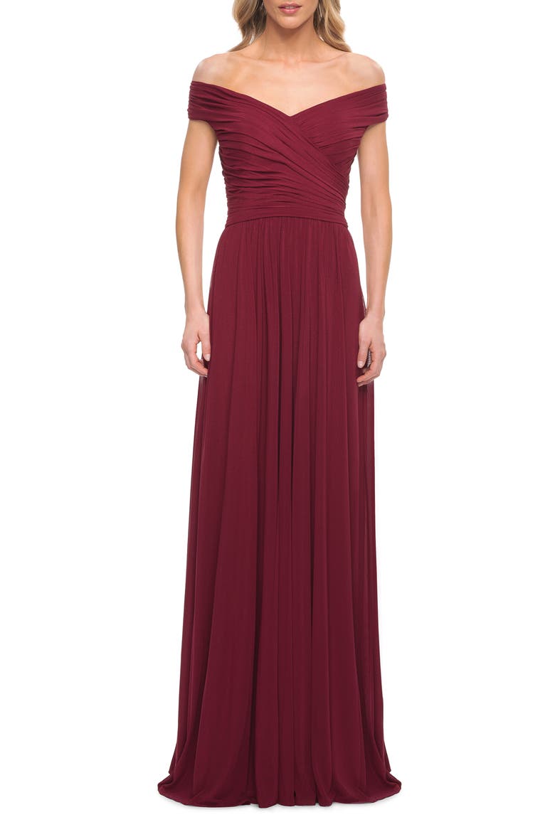 Off the Shoulder Net Jersey Long Dress with Ruching, Main, color, WINE