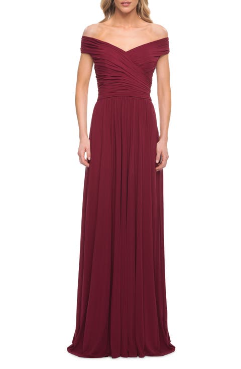 Off the Shoulder Net Jersey Long Dress with Ruching