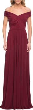 La Femme Off the Shoulder Net Jersey Long Dress with Ruching