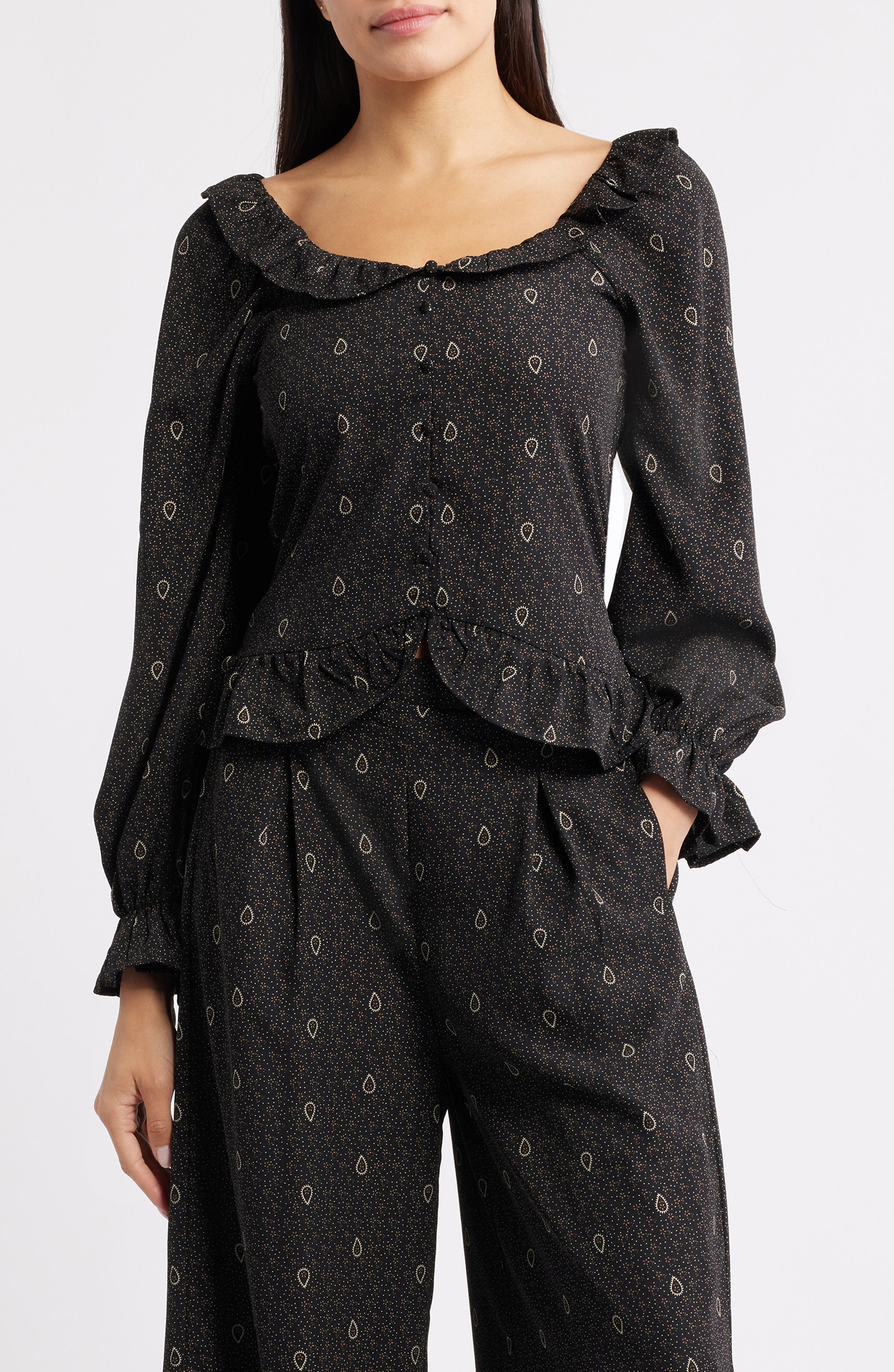 Bobeau Ruffle Trim Crop Button-Up Shirt