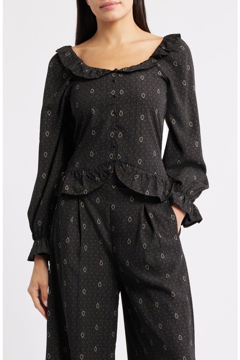 Ruffle Trim Crop Button-Up Shirt, Main, color, NAVY/ CURRY DITSY