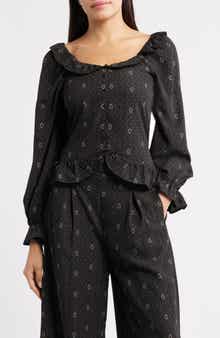 Bobeau Ruffle Trim Crop Button-Up Shirt