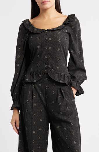 Bobeau Ruffle Trim Crop Button-Up Shirt