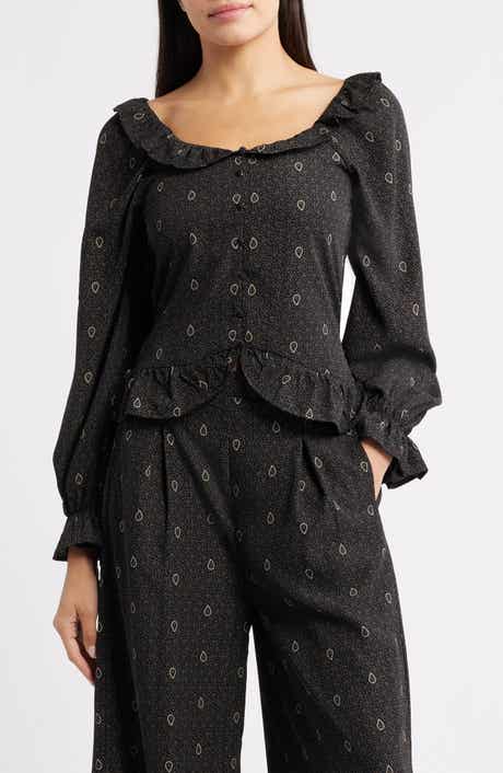 Bobeau Ruffle Trim Crop Button-Up Shirt