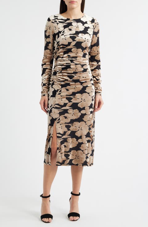 Floral Long Sleeve Velvet Burnout Midi Dress