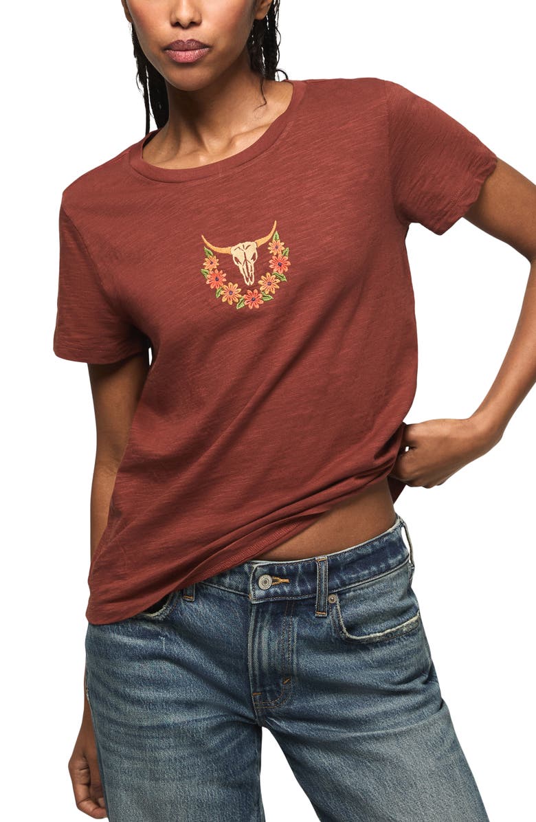 Lucky Brand Floral Steer Embroidered T-Shirt, Main, color, Terracotta