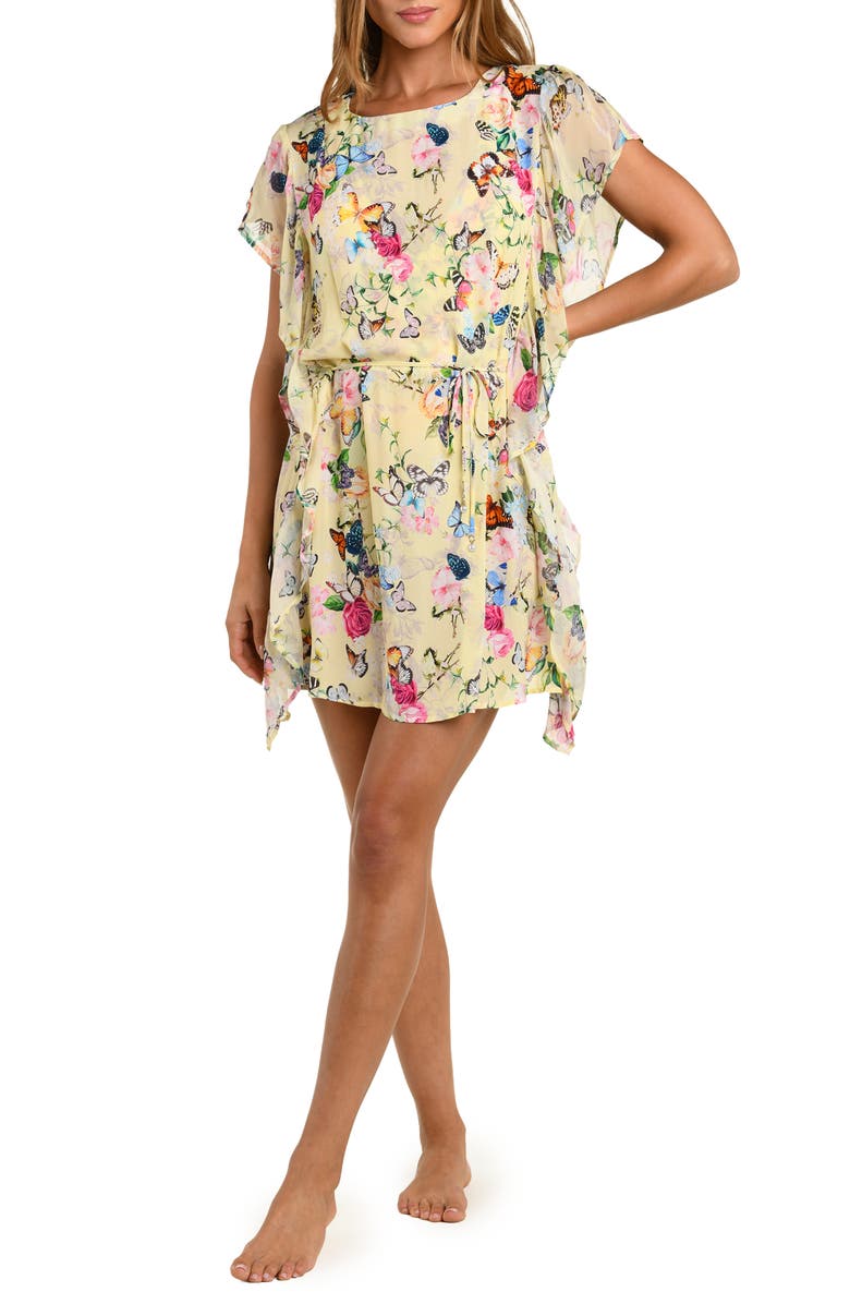 L'AGENCE Alia Garden Butterflies Chiffon Cover-Up Tunic, Main, color, Yellow Multi