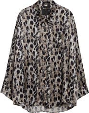 R13 Leopard Print Drop Neck Silk Button-Up Shirt