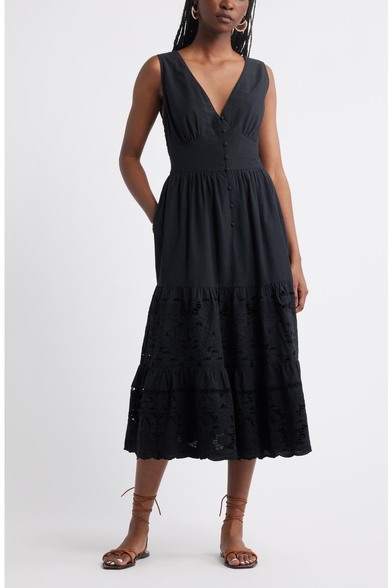 Lace Detail Sleeveless Cotton Dress, Main, color, BLACK