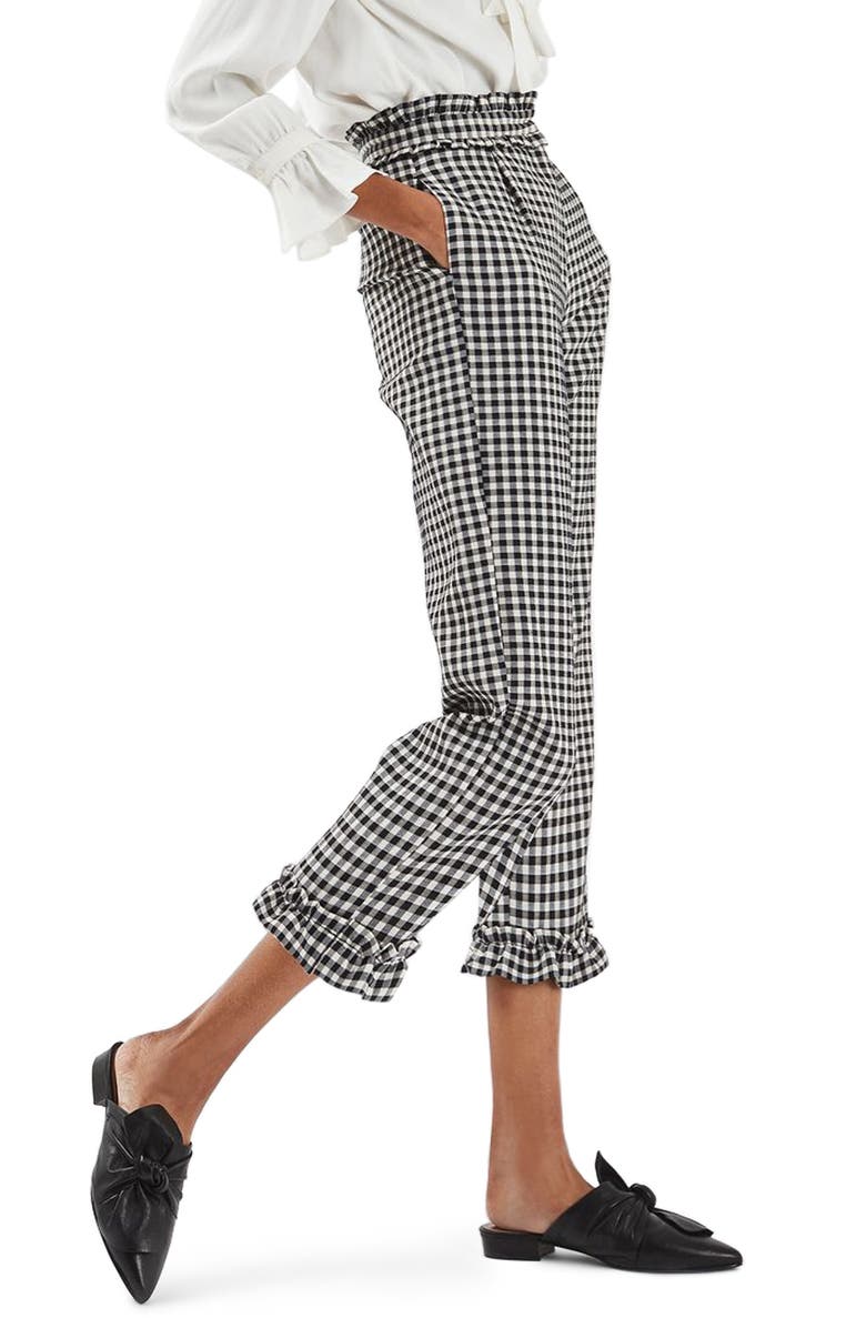 Topshop Gingham Ruffle Trousers, Alternate, color, 