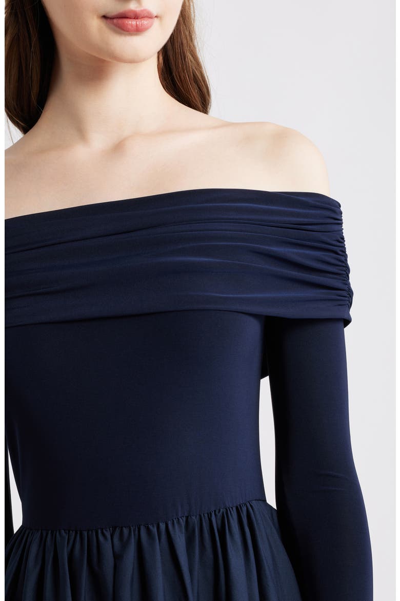 Off the Shoulder Long Sleeve Mixed Media Dress, Alternate, color, NAVY
