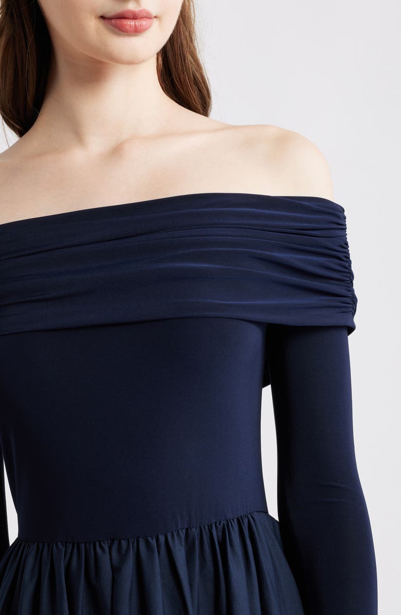Eliza J Off the Shoulder Long Sleeve Mixed Media Dress, Alternate, color, Navy