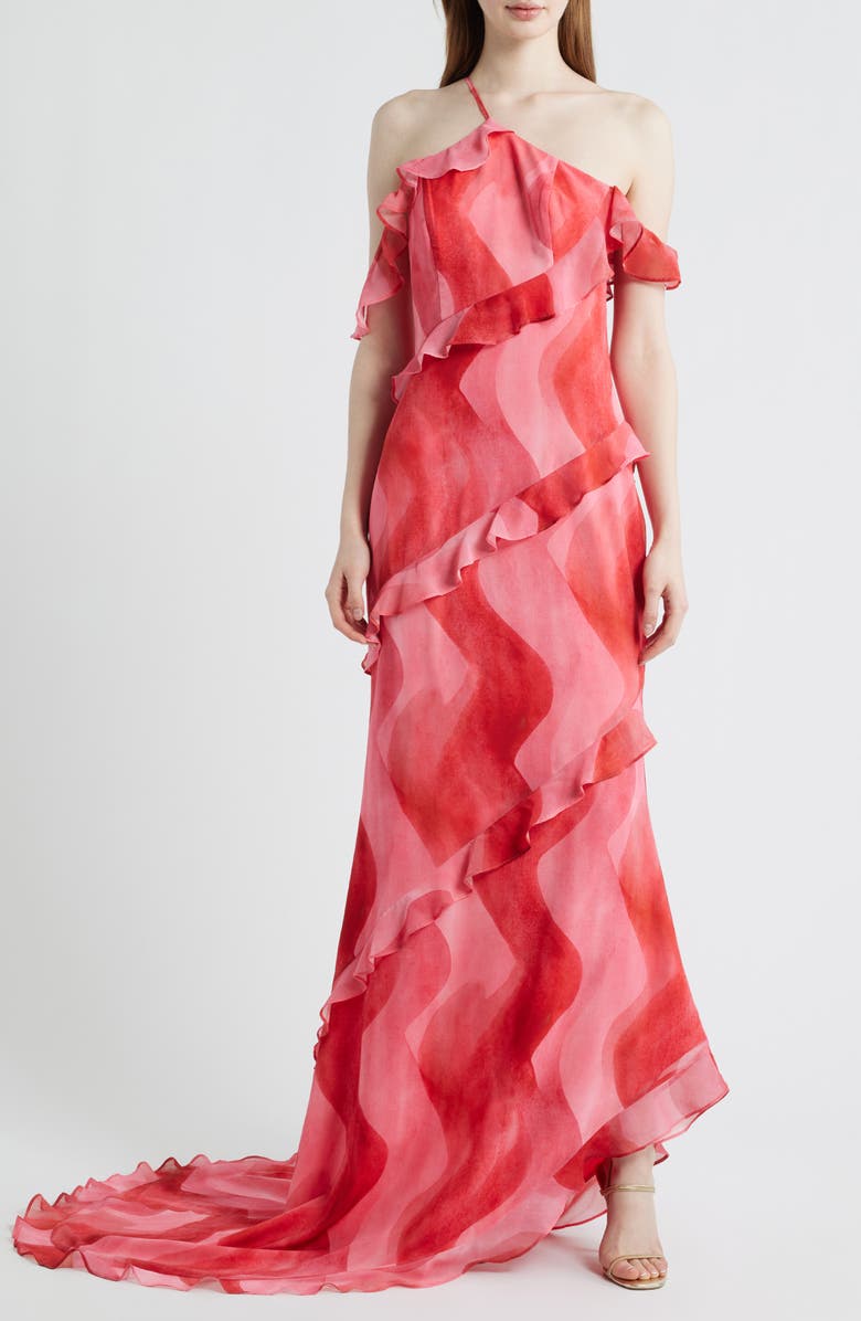 Sonya Moda Wioletta Ruffle Asymmetric Gown, Main, color, Coral Swirl