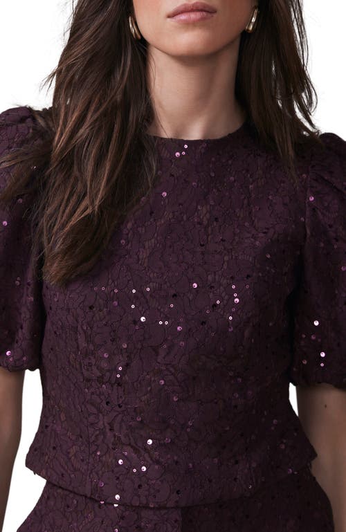 Mint Velvet Sequin Lace Puff Sleeve Top In Burgundy