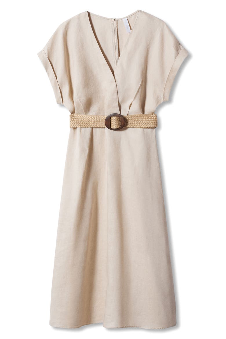 Belted Linen A-Line Dress, Alternate, color, BEIGE