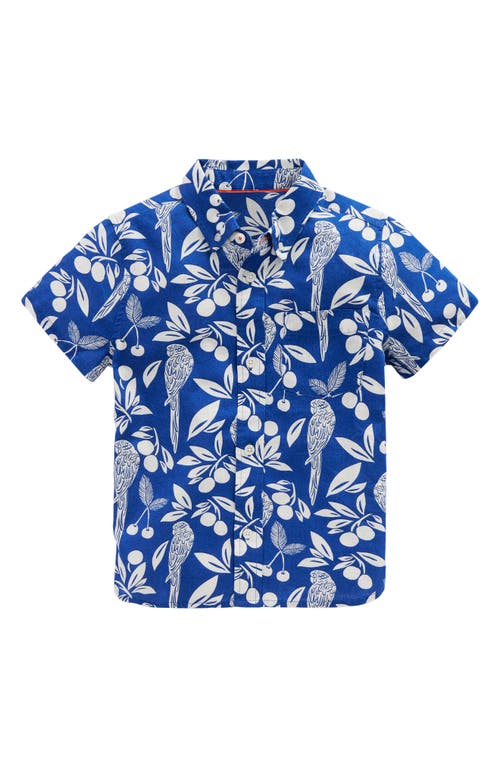 Shop Mini Boden Kids' Parrot Print Short Sleeve Linen & Cotton Button-down Shirt