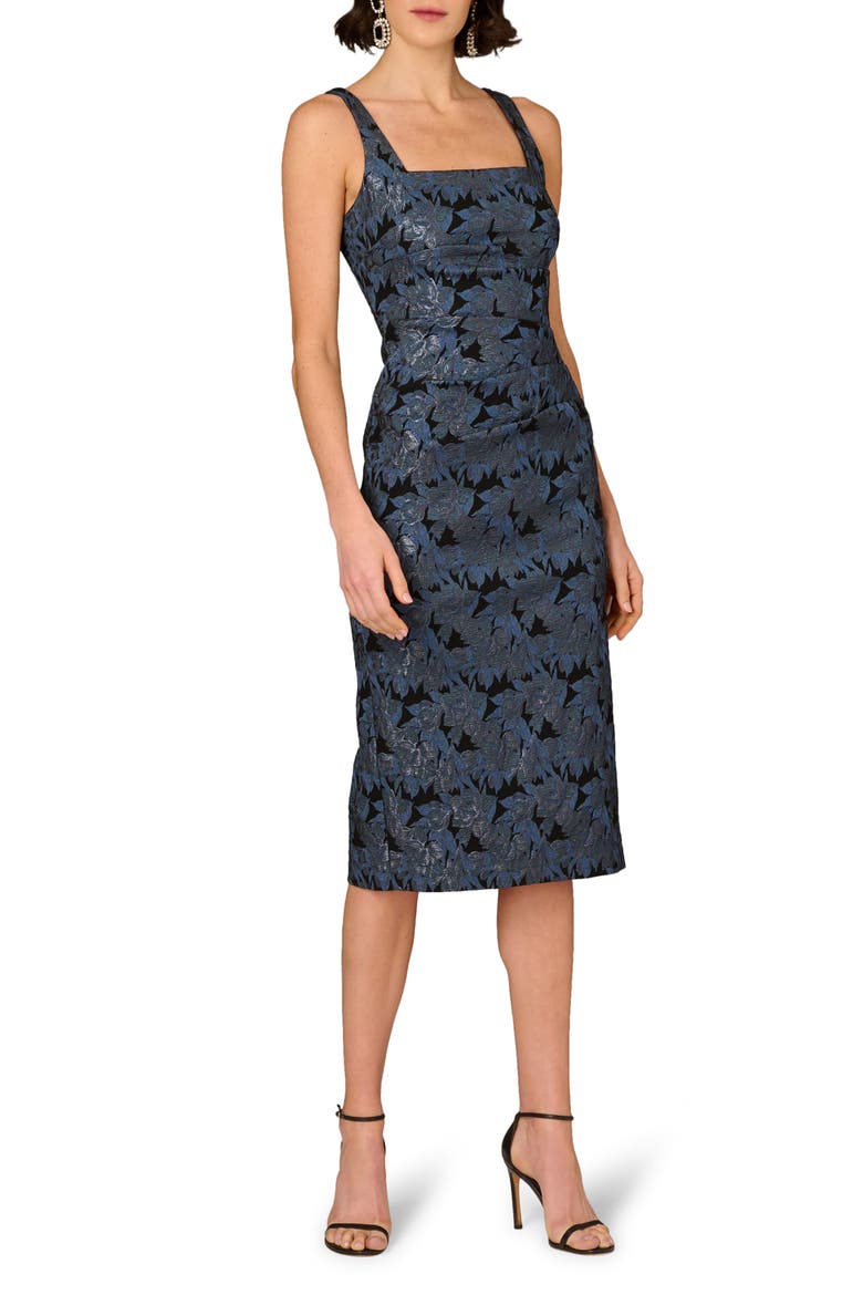 Metallic Floral Jacquard Cocktail Midi Dress, Main, color, BLACK/ NAVY