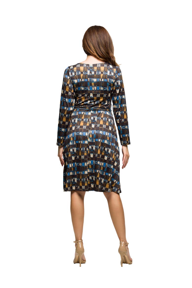 Long Sleeve Wrap Dress with Belt in Geometric Print, Alternate, color, Brown Multi
