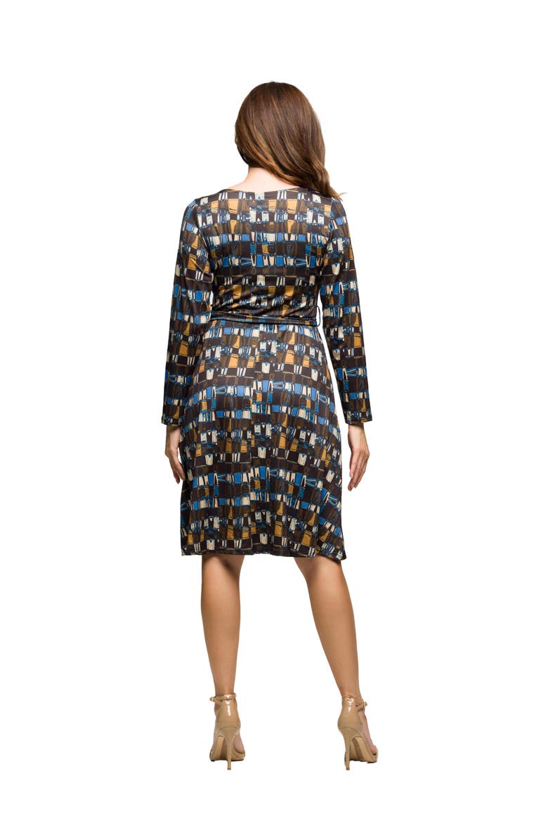 24seven Comfort Apparel Long Sleeve Wrap Dress with Belt in Geometric Print, Alternate, color, Brown Multi